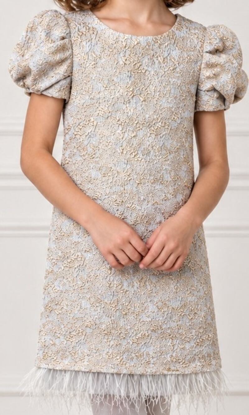 Maison Choupette Stunning Metallic Gold Brocade Dress w/Feathers
sz XL